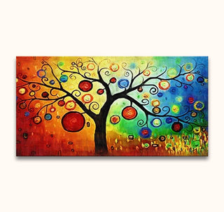 Abstracte schilderij van een appelboom met kleurrijke ronde vormen op canvas. Geschilderd met dikke olieverf, klaar voor ophanging.