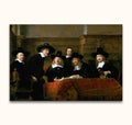 Rembrandt van Rijn – De Staalmeesters: Zes mannen in zwarte kleding rond een tafel, symbolisch voor de Amsterdamse drapersgilde, handgeschilderd op museumkwaliteit canvas.