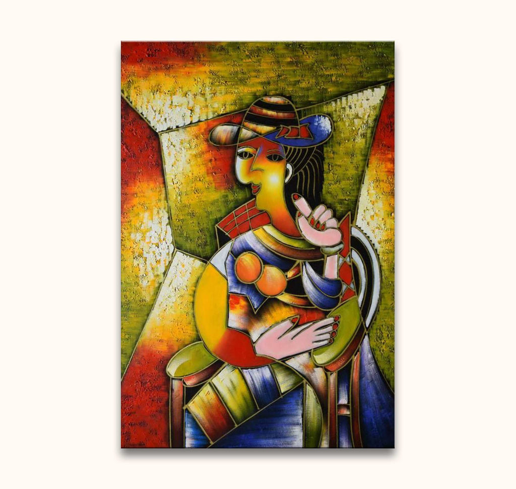 Zittende vrouw in kubistische stijl met hoed, geïnspireerd door Picasso. Handgeschilderd schilderij 'Annabella'. Olieverf op canvas, moderne abstracte kunst.