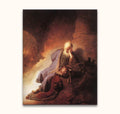 Rembrandt van Rijn – Jeremiah klaagt over de vernietiging; een oude man in meditatie zit in een grot, omgeven door scrollen en licht, handgeschilderd olieverfschilderij.