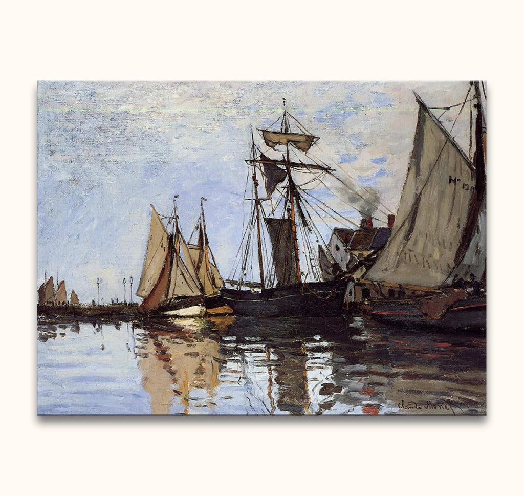 Claude Monet - Kade van Honfleur: Impressionistisch olieverfschilderij met schepen aan de kade, reflecties in rustig water, vakkundig vastgelegd op museumkwaliteit canvas.