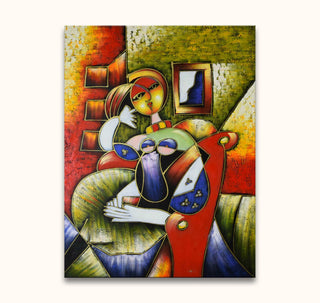 Cubistisch schilderij Vrouw op Sofa in Picasso-stijl. Geometrische vormen suggereren een zittende vrouw in een interieur. Geschilderd met olieverf op canvas.