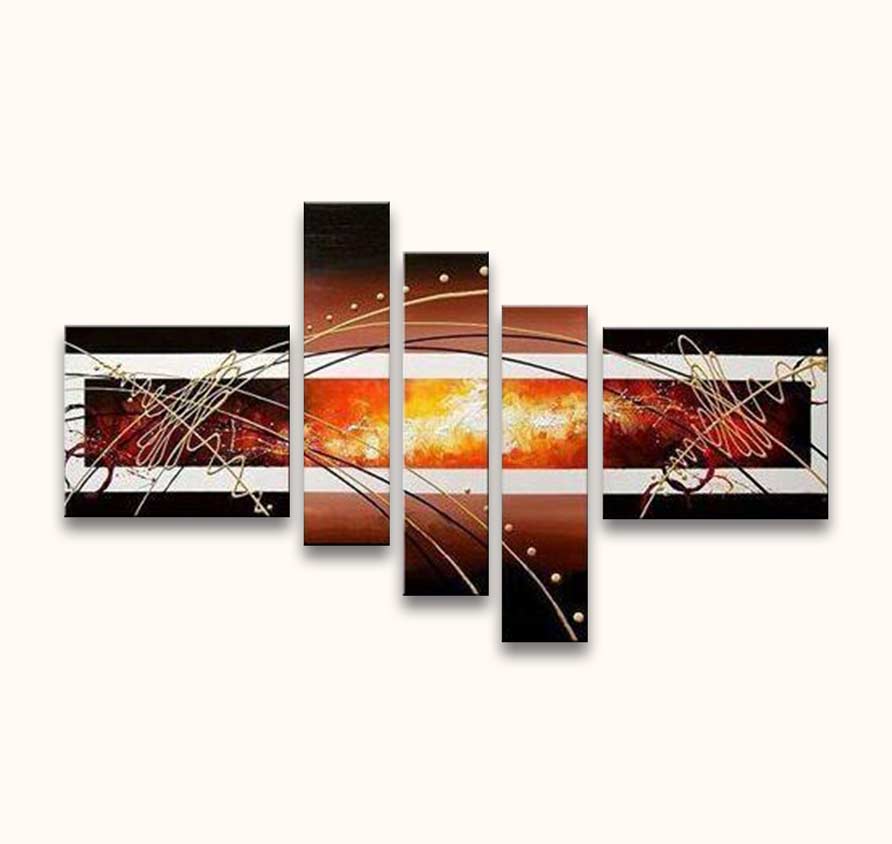 Entangled Energy – Olieverf 5-Luik: Abstracte moderne kunst met vurige oranje-rode lijnen, gouden elementen en dynamische penseelstreken. Geschikt voor woning, kantoor of hotel.