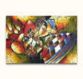 Kubistisch schilderij Desiree van Picasso, toont abstracte figuur met gitaar en harlekijnpatroon. Expressief, handgeschilderd olieverfwerk op canvas, klaar voor ophanging.