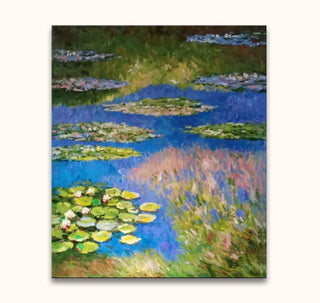 Olieverfschilderij Claude Monet – Waterlelies bij Toscane: impressionistische waterlelies en leliebladeren op diepblauw water. Handgeschilderd, klaar om op te hangen.