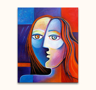 Cubist portrait of a woman, split in cool and warm tones, from the hand-painted artwork Picasso signature - Pascalle bij Maanlicht (60x90cm).