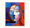 Cubist portrait of a woman, split in cool and warm tones, from the hand-painted artwork Picasso signature - Pascalle bij Maanlicht (60x90cm).