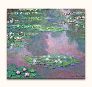 Claude Monet – Lotusbloemen bij Languedoc-Roussillon: Handgeschilderd impressionistisch olieverfschilderij met waterlelies op een serene vijver, opgespannen op houten frame, klaar om op te hangen.