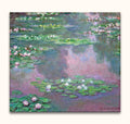 Claude Monet – Lotusbloemen bij Languedoc-Roussillon: Handgeschilderd impressionistisch olieverfschilderij met waterlelies op een serene vijver, opgespannen op houten frame, klaar om op te hangen.