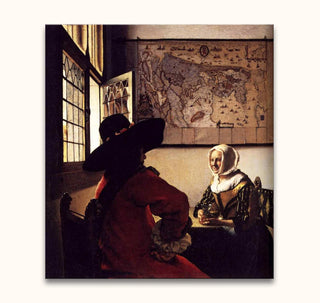 Johannes Vermeer – Officier met een Lachend Meisje: Twee figuren in een 17e-eeuws interieur, met realistische details en symboliek, handgeschilderd op museumkwaliteit canvas.