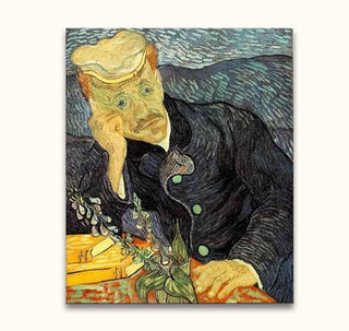 Vincent van Gogh - Portret van Dr. Gachet: een handgeschilderd olieverfschilderij van een peinzende man met bloemenvaas, in van Gogh's kenmerkende stijl.