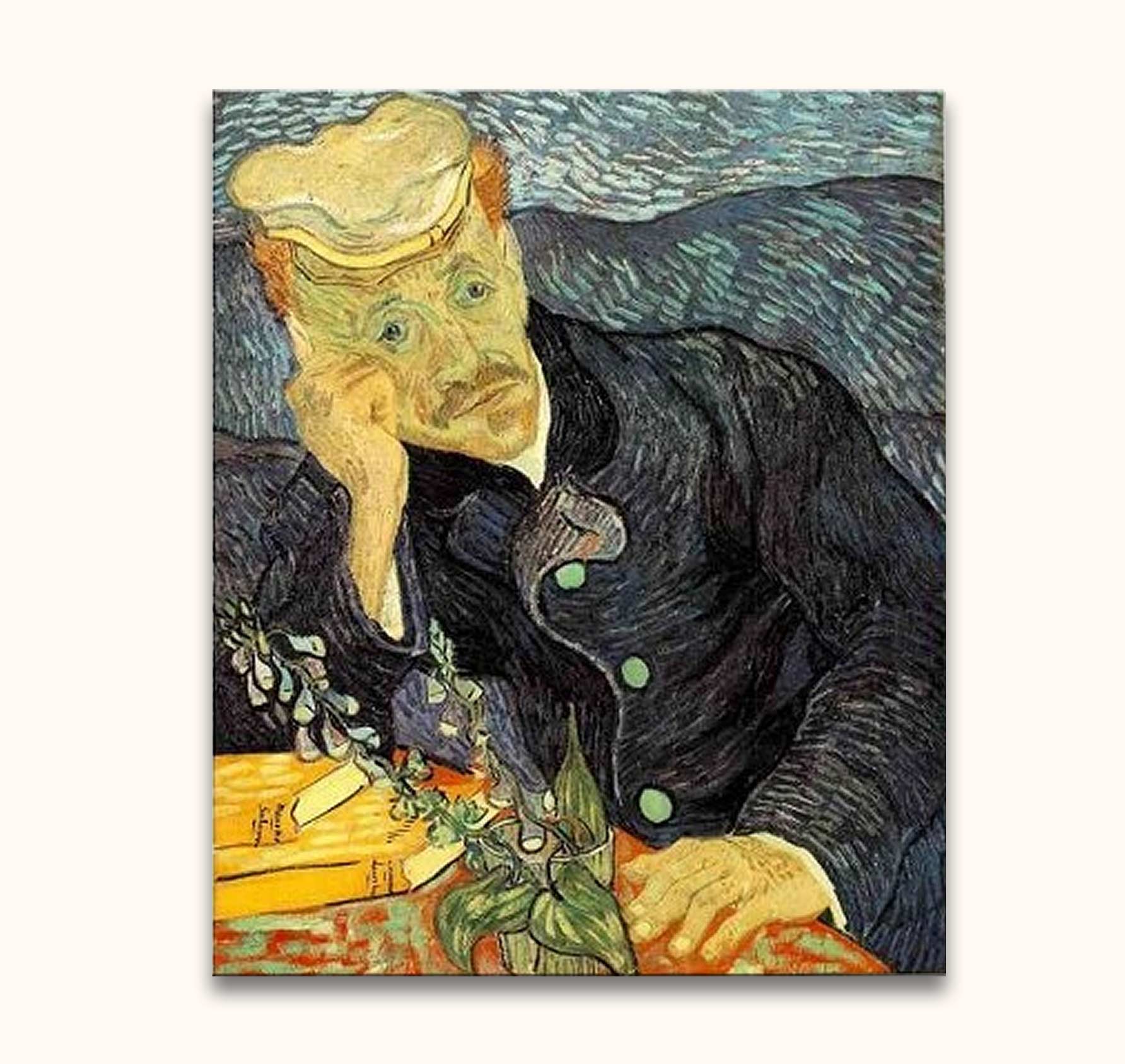 Vincent van Gogh - Portret van Dr. Gachet: Handgeschilderd olieverfschilderij, Dr. Gachet met melancholische uitdrukking, boeken en glas met bladeren. Museumkwaliteit, direct ophangbaar.