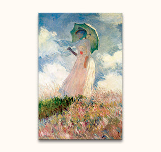 Dame in witte jurk met parasol op heuvel, geschilderd in impressionistische stijl. Handgeschilderd werk geïnspireerd op Monet's Dame met Parasol. Olieverf, klaar om op te hangen.