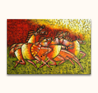 Picasso signature - Vijf Paarden: Kubistisch olieverfschilderij van vijf galopperende paarden met geometrische, dynamische vormen. Geschilderd op hoogwaardig canvas, klaar om op te hangen.