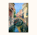 Claude Monet – Ponte Widmann: Gondelier op kanaal met pastelkleurige gebouwen en bloemenbalkons in Venetië. Handgeschilderd olieverfschilderij, opgespannen op houten frame, klaar om op te hangen.