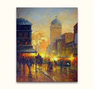 René Rambert - Sunset in Paris - Olieverf op canvas (60x90cm): A twilight cityscape with pedestrians, trams, and a carriage under glowing street lamps, capturing 19th-century Paris.
