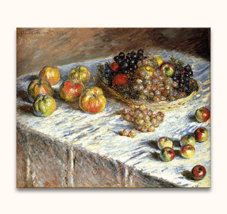 Claude Monet – Appels en Druiven: Impressionistisch stilleven met appels en druiven op een doek. Handgeschilderd, hoogwaardige olieverf en canvas, klaar om op te hangen.
