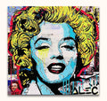 Alec Monopoly - Marylin Monroe: Popart schilderij met blauwe huid, gele haren, en rode lippen. Handgeschilderd, direct ophangbaar, zonder lijst nodig, UV-bescherming.