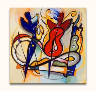 Abstract schilderij met een blauwe figuur met saxofoon, rode vorm als bas, en muzikale lijnen. Picasso signature - Jazz, vangt de energie van jazzmuziek.