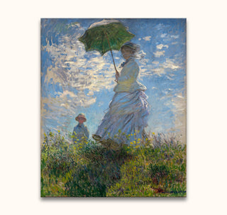 Claude Monet – Dame Onder Parasol: Impressionistisch schilderij van een vrouw met parasol en kind op heuveltop. Handgeschilderd olieverf op zuurvrij canvas, direct ophangbaar.