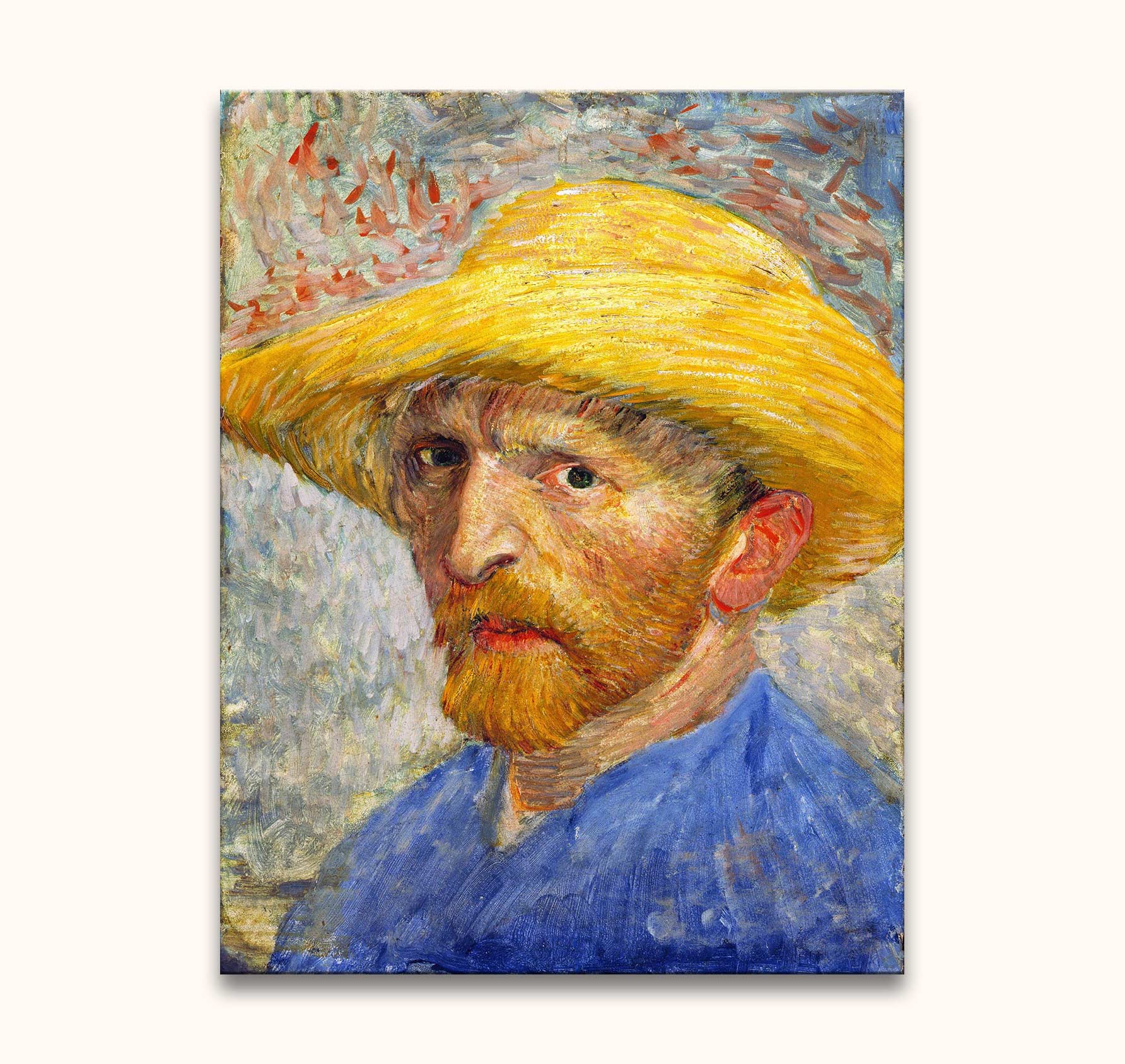 Vincent van Gogh - Zelfportret met Hoed. Olieverfschilderij in post-impressionistische stijl, toont een introspectieve Van Gogh met strohoed en blauwe jas.