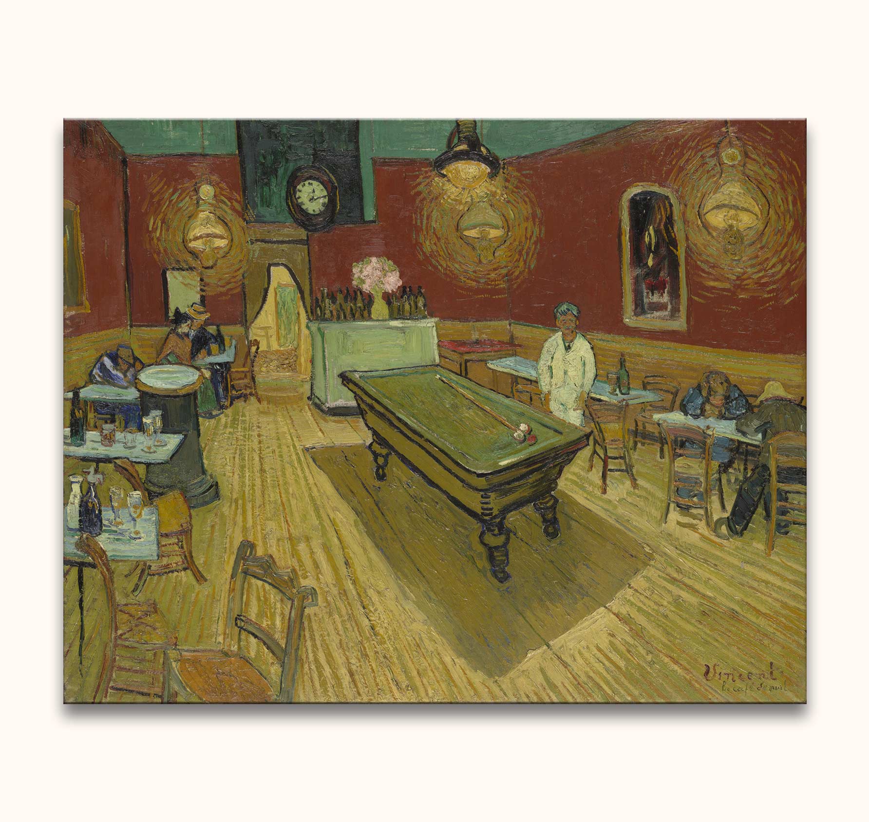 Vincent van Gogh - Het Nachtcafé: Impressionistisch interieur van een café met biljarttafel, rode muren, gaslampen en slaperige klanten. Handgeschilderd, direct ophangbaar.