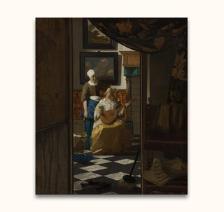 Johannes Vermeer – De Liefdesbrief: Jonge vrouw met luit en dienares in 17e-eeuws interieur. Handgeschilderd olieverf, realistisch en symbolisch, klaar voor ophanging.