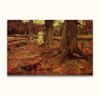 Vincent van Gogh painting Jonge Vrouw in het Haagsche Bosch, featuring a girl in a white frock amidst autumnal forest, impressionist style, 105x70cm.