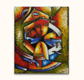 Kubistisch schilderij Mephisto met een gestileerd gezicht, omarmende armen en visachtige vormen. Picasso-signatuur, olieverf op canvas. Perfect voor moderne kunstliefhebbers.