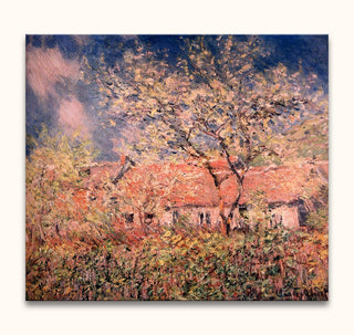 Impressionistisch olieverfschilderij Boerderij in Bloesem van Claude Monet. Rood dak, bloeiende bomen en heldere lucht. Geschilderd op museumkwaliteit canvas.
