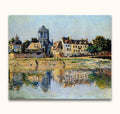 Impressionistisch landschap met huizen langs de Seine, boom, en rivier, getiteld Claude Monet – Zeehaven van Vallecrosia. Geschilderd op zuurvrij canvas, klaar om op te hangen.
