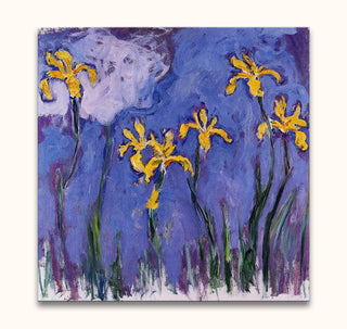 Claude Monet – Wilde Narcissen: Impressionistisch olieverfschilderij van zes gele bloemen met groene stelen op een violet-blauwe achtergrond, klaar om op te hangen.