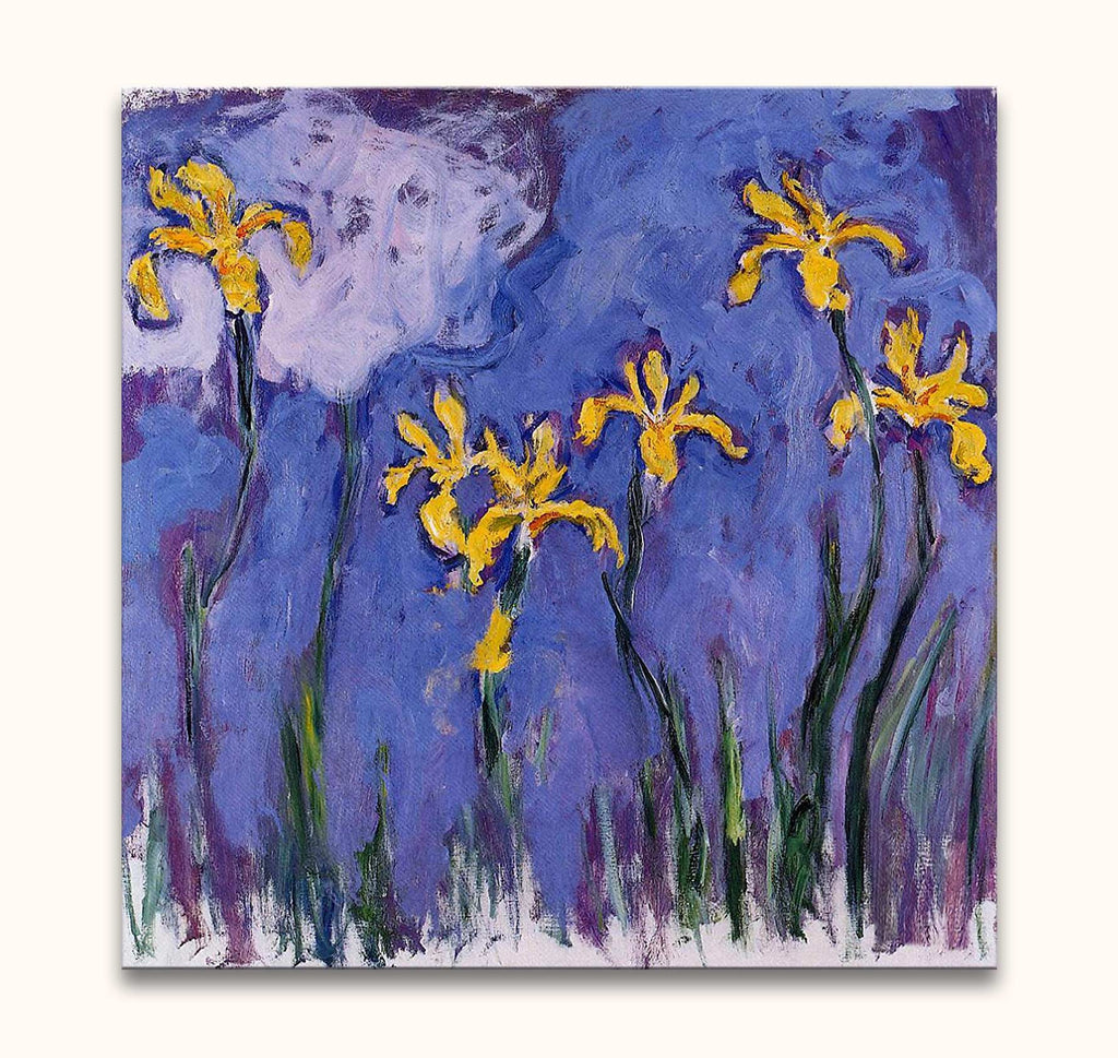 Claude Monet – Wilde Narcissen: Impressionistisch olieverfschilderij van zes gele bloemen met groene stelen op een violet-blauwe achtergrond, klaar om op te hangen.