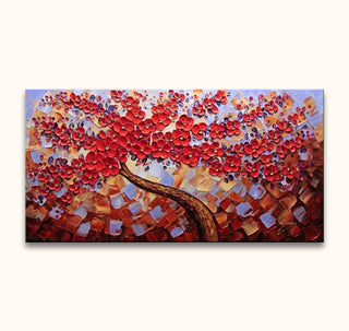 Zomerlinde in Bloei – Dikke olieverf op canvas: Impasto schilderij van bloemenboom met rode bloesem en abstracte achtergrond, handgeschilderd, museumkwaliteit. Geschikt voor elk interieur.