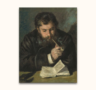 Pierre-Auguste Renoir's schilderij van Claude Monet leest een boek, zittend met pijp. Handgeschilderd impressionistisch meesterwerk, perfect voor liefhebbers van verfijnde portretkunst.