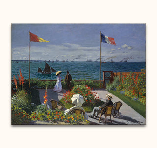Twee paren in een zonovergoten tuin aan zee, geïnspireerd door Claude Monet. Olieverf op doek, perfect voor liefhebbers van romantische moderne kunst.