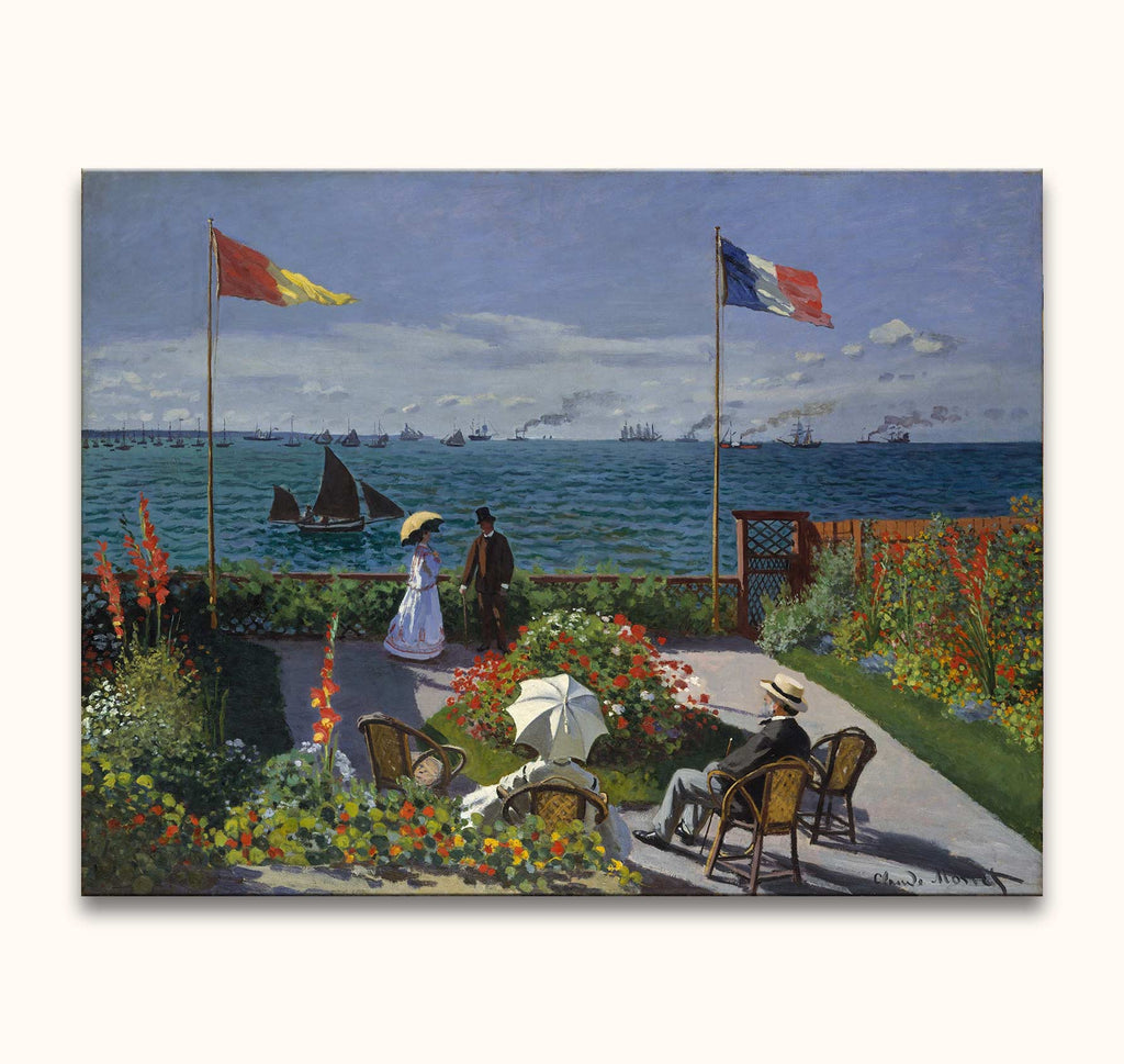 Twee paren in een zonovergoten tuin aan zee, geïnspireerd door Claude Monet. Olieverf op doek, perfect voor liefhebbers van romantische moderne kunst.