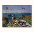 Twee paren in een zonovergoten tuin aan zee, geïnspireerd door Claude Monet. Olieverf op doek, perfect voor liefhebbers van romantische moderne kunst.