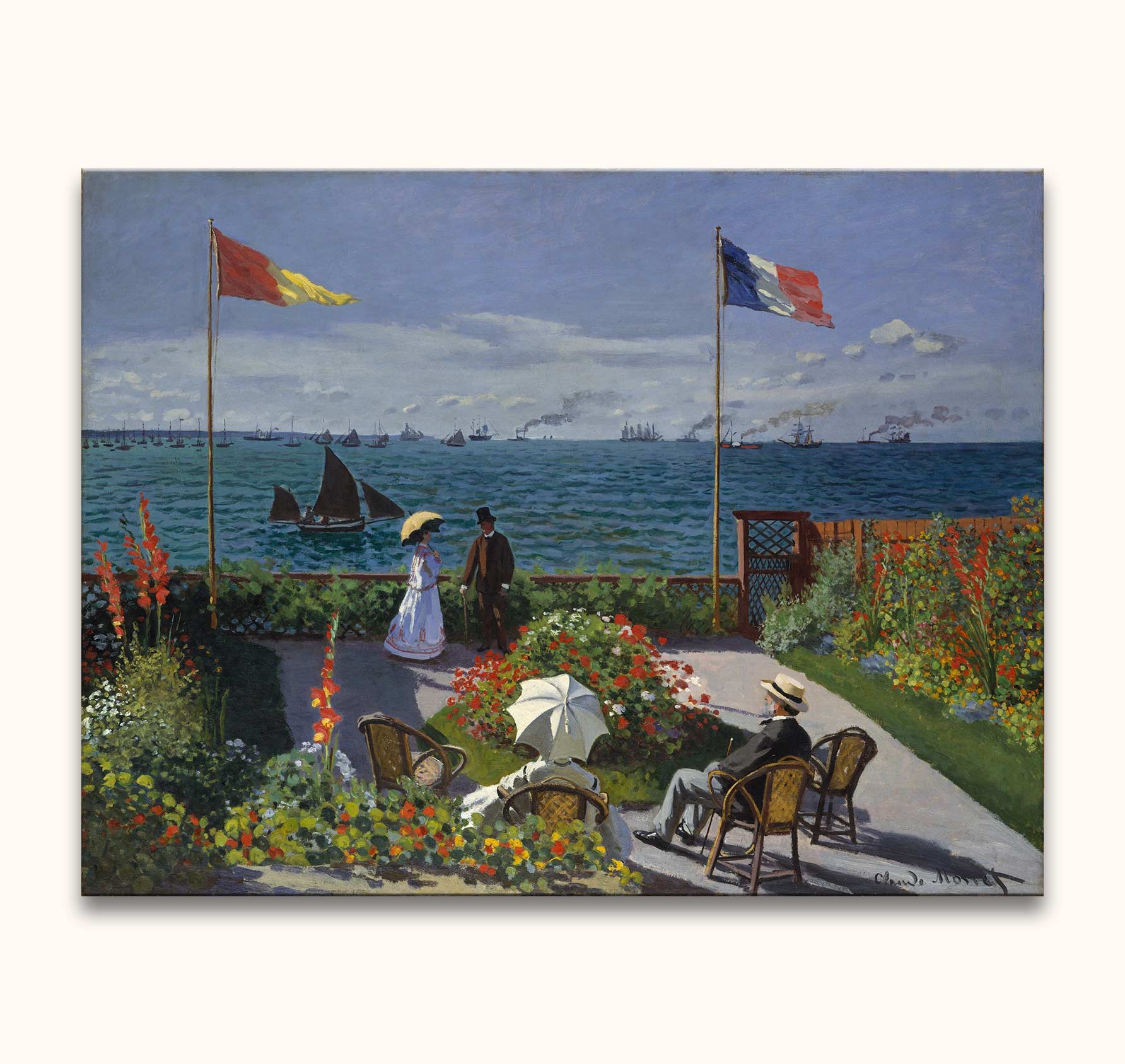 Twee paren in een zonovergoten tuin aan zee, geïnspireerd door Claude Monet. Olieverf op doek, perfect voor liefhebbers van romantische moderne kunst.