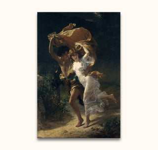 Een jong stel rent door een bos in een storm, bedekt met een mantel. Handgeschilderd als De Storm door Pierre-Auguste Renoir, op hoogwaardig canvas.