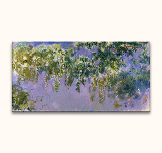 Impressionistisch schilderij van Claude Monet - Cypressen in Bloei met hangende witte bloemen en groene bladeren, opgezet tegen een zachte achtergrond. Geschilderd met olieverf op canvas.