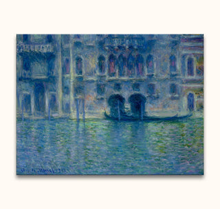 Claude Monet's impressionistisch olieverfschilderij Palazzo de Mula toont een Venetiaans kanaal met reflecties en een gondel onder een paleisarcade. Geschilderd op museumkwaliteit canvas.