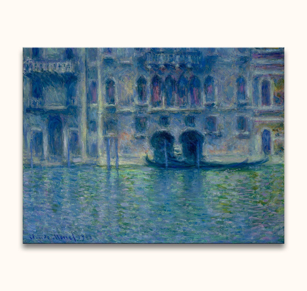 Claude Monet's impressionistisch olieverfschilderij Palazzo de Mula toont een Venetiaans kanaal met reflecties en een gondel onder een paleisarcade. Geschilderd op museumkwaliteit canvas.