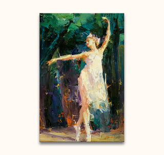 Ballerina in het Bos - Olieverf op canvas: Impressionistisch schilderij van een ballerina en pointe in een wit kostuum, omgeven door levendige tinten, zonder lijst nodig.