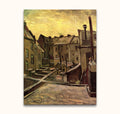Vincent van Gogh - Achtertuinen in Antwerpen: Vogelperspectief olieverfschilderij van stadse achtertuinen in impressionistische stijl, met sneeuw, daken en een winterlucht. Geschilderd op museumkwaliteit canvas.