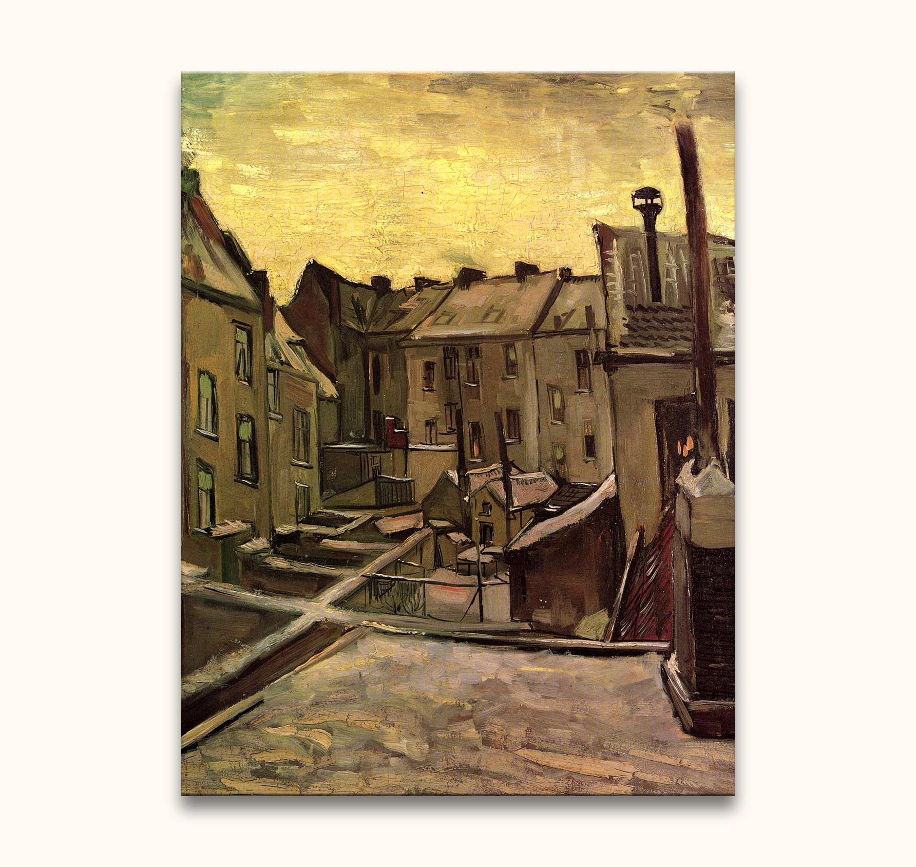 Vincent van Gogh - Achtertuinen in Antwerpen: Vogelperspectief olieverfschilderij van stadse achtertuinen in impressionistische stijl, met sneeuw, daken en een winterlucht. Geschilderd op museumkwaliteit canvas.