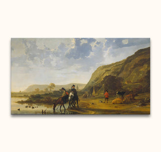 Aelbert Cuyp - Ruiters in Rivierenlandschap: Twee ruiters bij een rivier, met vee, herder en cottage op de achtergrond. Klassiek olieverf, romantische oud-Hollandse stijl.