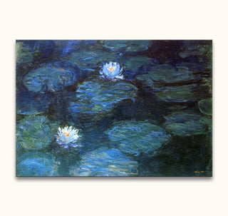 Impressionistisch olieverfschilderij van Claude Monet's Lotusbloemen bij Cevennen, met waterlelies en leliebladeren op een vijver, gespannen op houten frame, klaar om op te hangen.