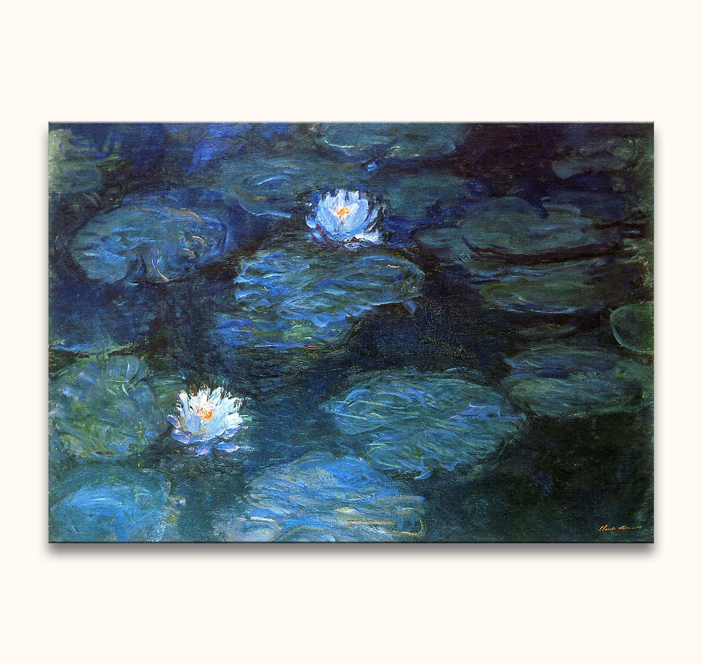 Impressionistisch olieverfschilderij van Claude Monet's Lotusbloemen bij Cevennen, met waterlelies en leliebladeren op een vijver, gespannen op houten frame, klaar om op te hangen.