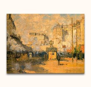 Claude Monet's Saint-Lazare Station toont een druk perron met stoom en passagiers. Handgeschilderd, opgespannen op frame, ophangklaar. Geschikt voor interieurontwerp.